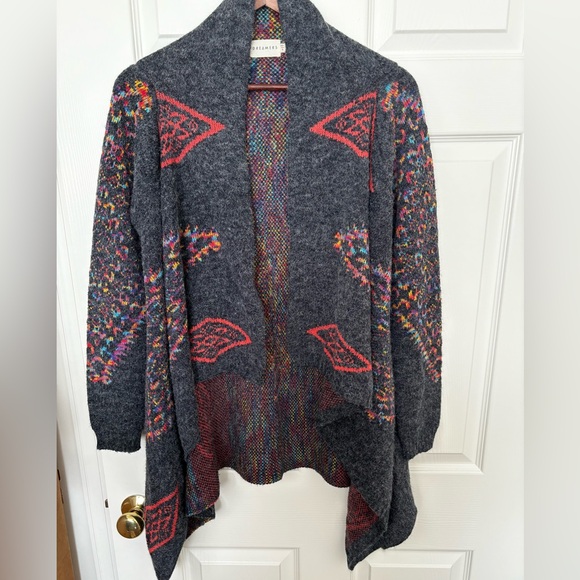 DREAMERS AZTEC DESIGN ASYMMETRIC BOHO GREY MULTICOLORED SOUTHWEST CARDIGAN SZ M - Picture 11 of 11